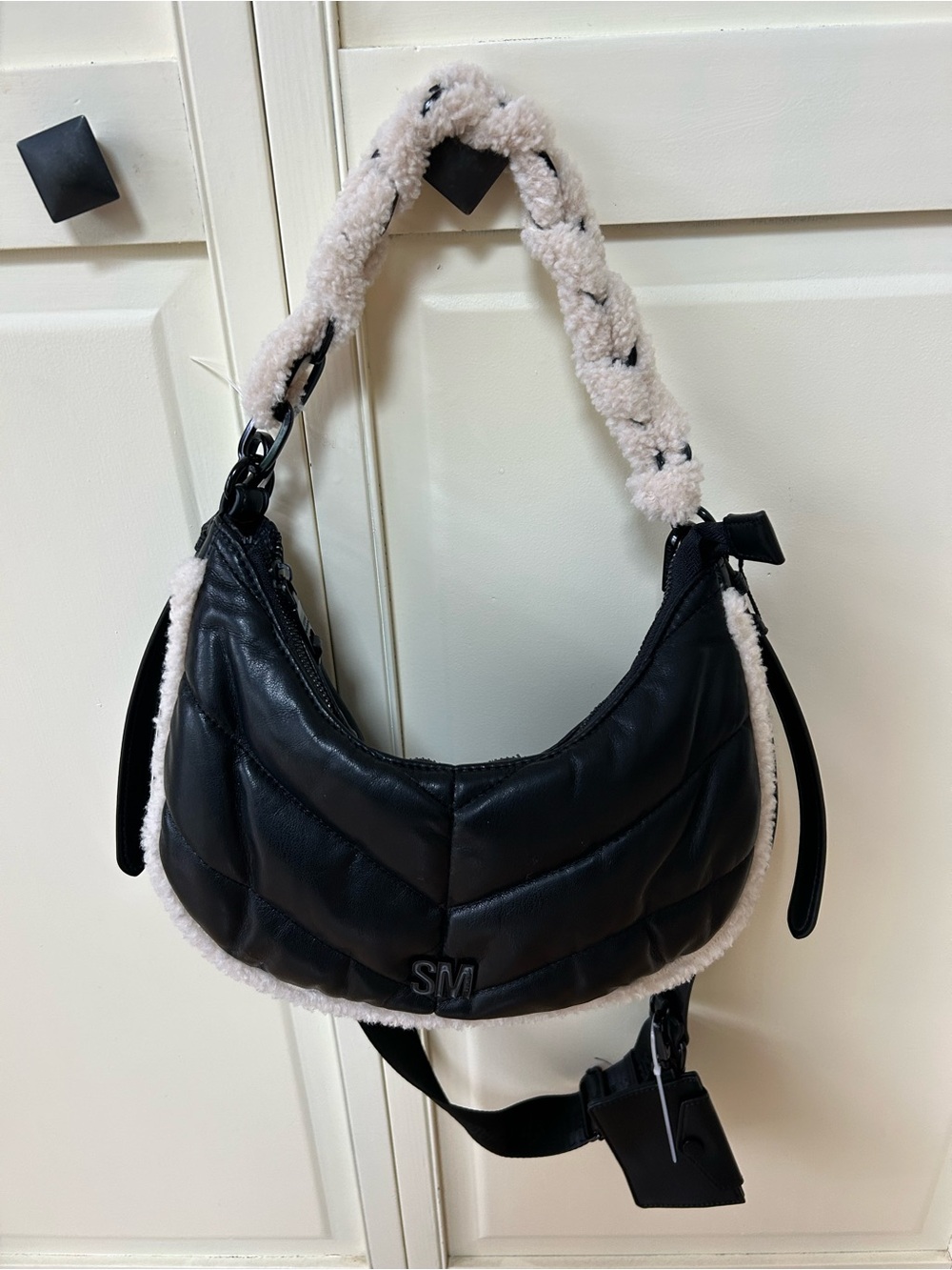 Steve Madden Black Quilted Shoulder Bag with Shearling Trim